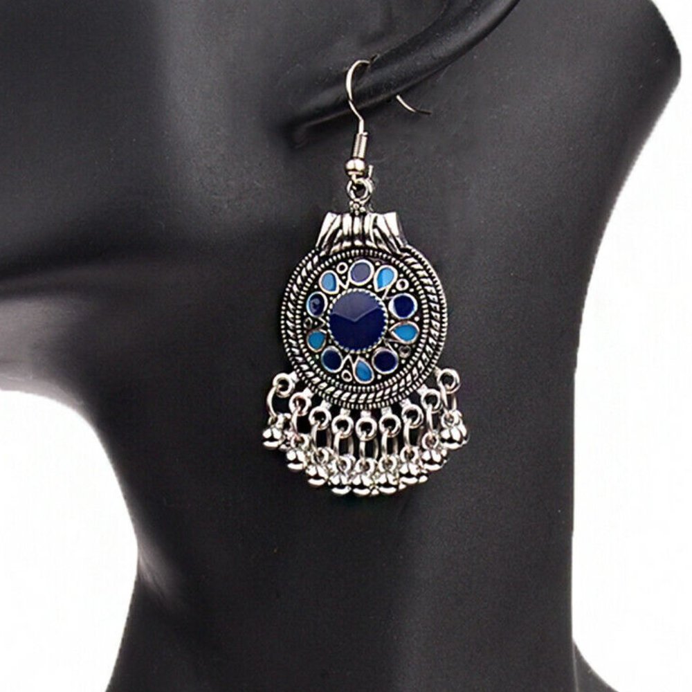 Boho Earrings Silver & Blue Enamel Pierced Dangles 2 3/4" with Tassels NWT M426 - Picture 4 of 4
